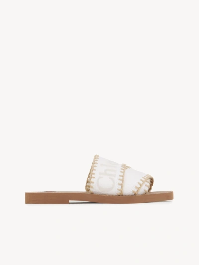 Chloé Woody Mule White Size 9 90% Linen, 10% Polyester In Beige