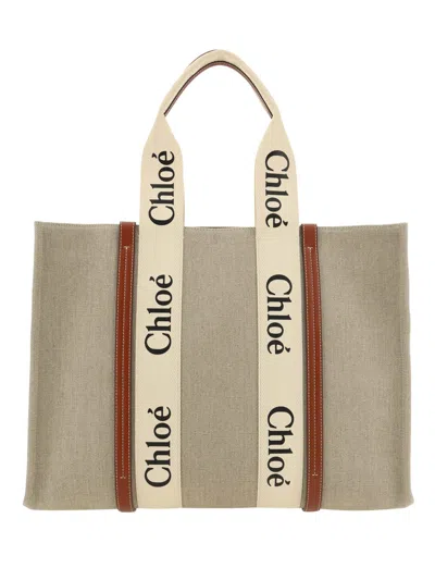 Chloé Woody Large Canvas And Leather Tote Bag In Brown