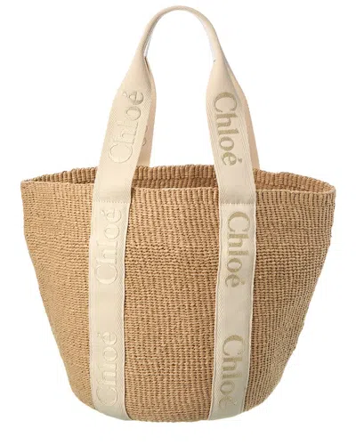 Chloé Woody Large Leather-trimmed Raffia Tote In Gold