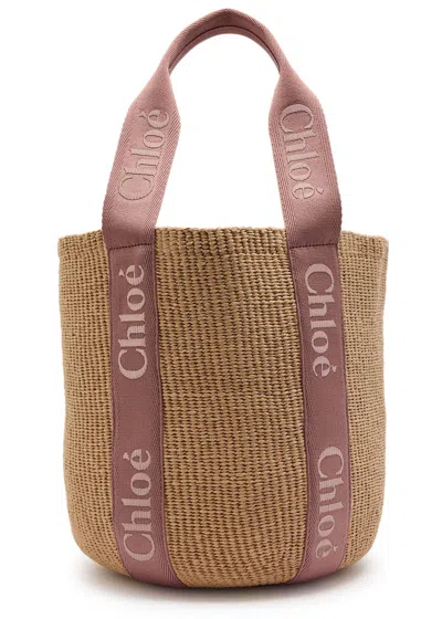 Chloé Chloe Woody Large Logo-embroidered Raffia Basket Bag In Brown