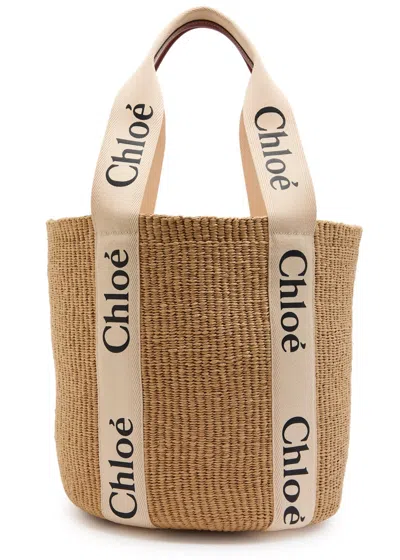 Chloé Chloe Woody Large Logo-print Raffia Basket Bag In Brown