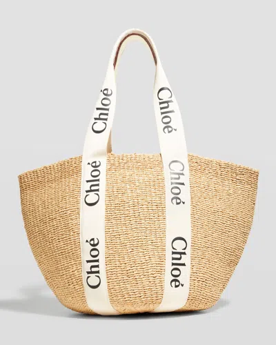 CHLOÉ WOODY LARGE MIFUKO BASKET BAG IN FAIR TRADE PAPER EMBELLISHED WITH LINEN