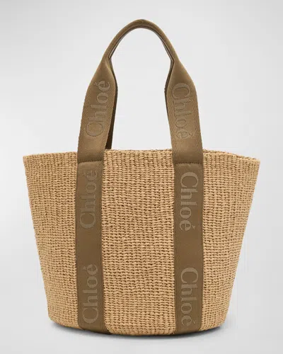 Chloé Woody Large Mifuko Basket Bag With Logo Webbing In Dark Nut