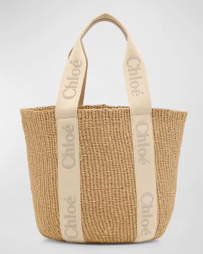 Chloé Woody Large Mifuko Basket Bag With Logo Webbing In Wild Grey