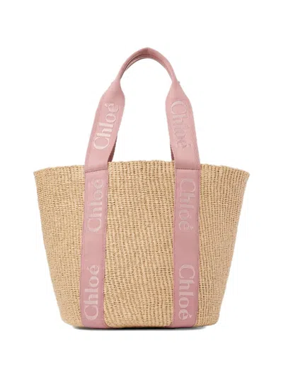 Chloé Woody Large Rafia Basket Bag In Sand