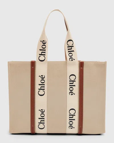 Chloé Woody Large Tote Bag In Linen In Multi