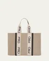 Chloé Large Woody Tote Bag In Linen White Size Onesize 100% Linen, Calf-skin Leather, Polyester In White/blue