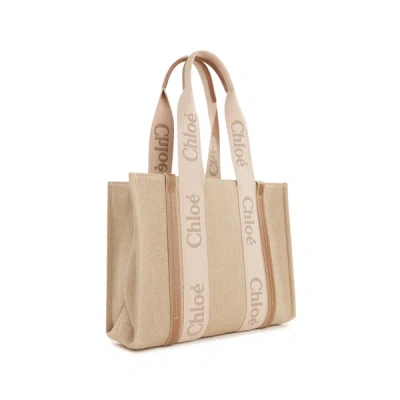Chloé Sac Cabas Woody En Cuir Et Toile In Beige