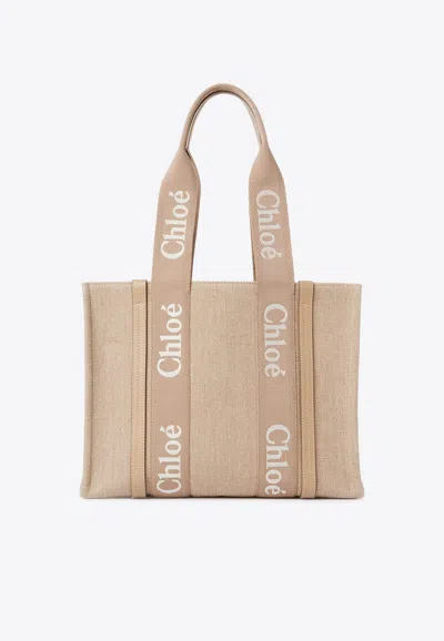 Chloé Woody Leather And Linen Tote Bag In Beige