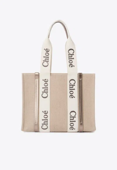Chloé Woody Leather And Linen Tote Bag In Gray