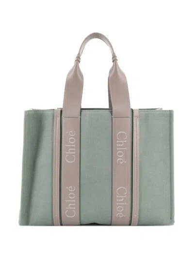 Pre-owned Chloé Woody Leather Large Tote Bag In Green