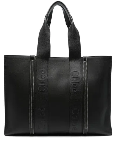 Chloé Woody Leather Medium Tote In Black