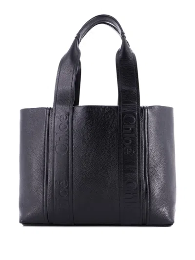 Pre-owned Chloé Woody Leather Medium Tote Bag In Black