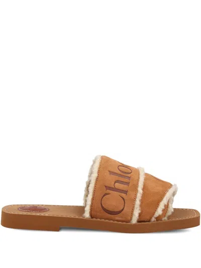 Chloé Chloè Woody Leather Slides In Brown