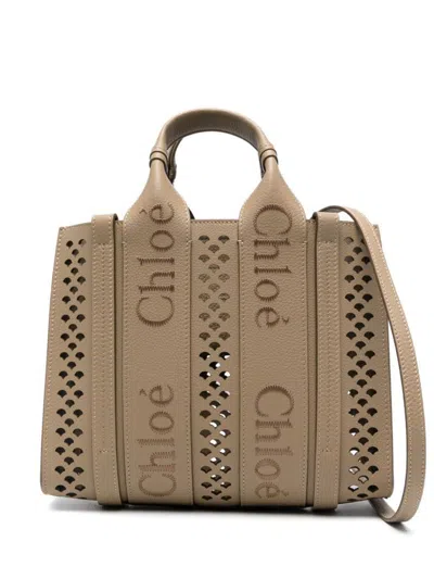 Chloé Woody Leather Small Tote In Brown