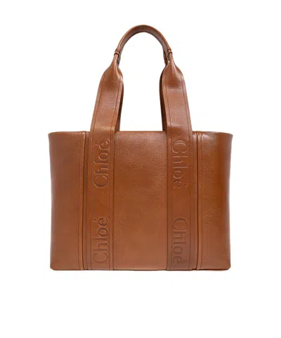 Chloé Woody Large Leather Tote In Brown