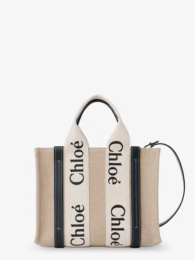 Chloé Woody Linen Canvas And Leather Crossbody Bag In Beige