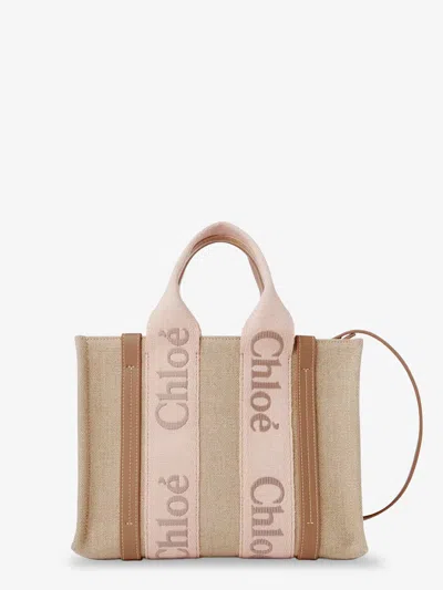 Chloé Woody Linen Canvas And Leather Crossbody Bag In Beige