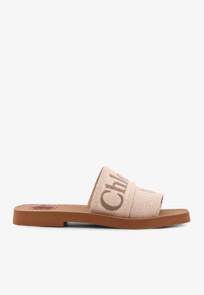 Chloé Woody Linen Flat Sandals In Neutral