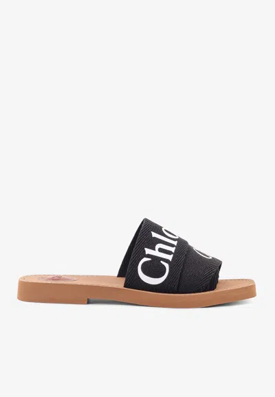 CHLOÉ WOODY LINEN FLAT SANDALS