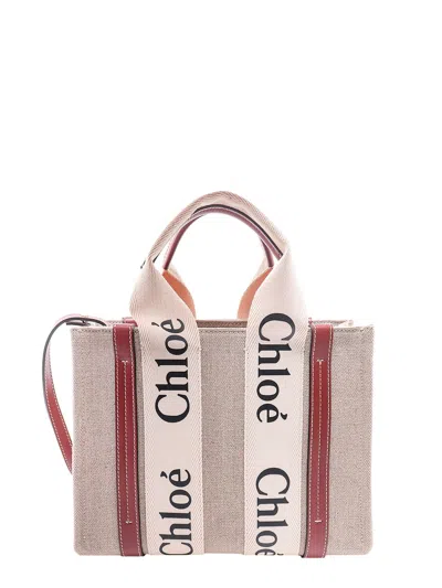 Chloé Woody Linen Handbag In Pink