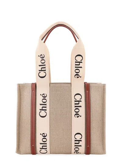 Chloé Woody Linen Shoulder Bag With Logo Lettering On The Front