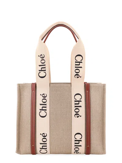 Chloé Woody Linen Shoulder Bag With Logo Lettering On The Front In Multi