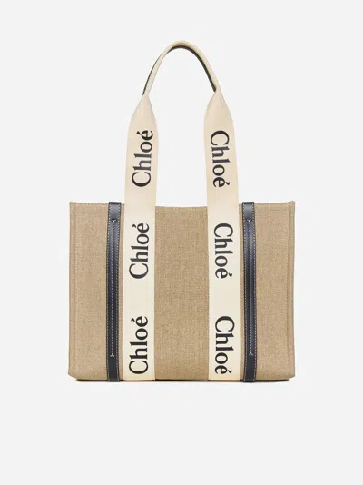 Chloé Woody Linen Tote Bag In Beige,blue