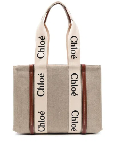 Chloé Woody Linen Tote Bag In Brown