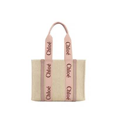 Chloé Woody Linen Tote Bag In Nude