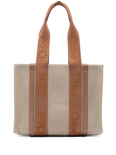 Chloé Woody Linen Tote Bag In Sand