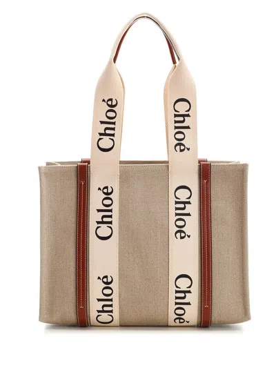 Chloé Woody Linen Tote Bag Shoulder Bags White