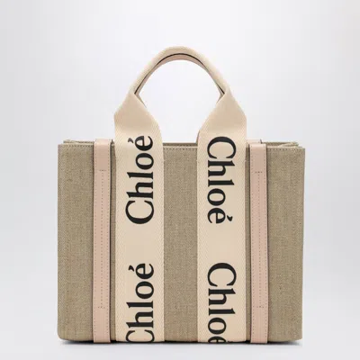 Chloé Woody Little Bag In Beige Canvas In Pink