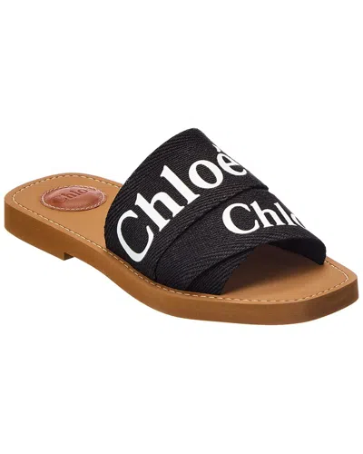 Chloé Woody Logo Linen Slides In Black