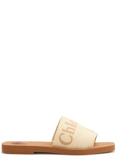 Chloé Chloe Woody Logo Canvas Sliders In Beige