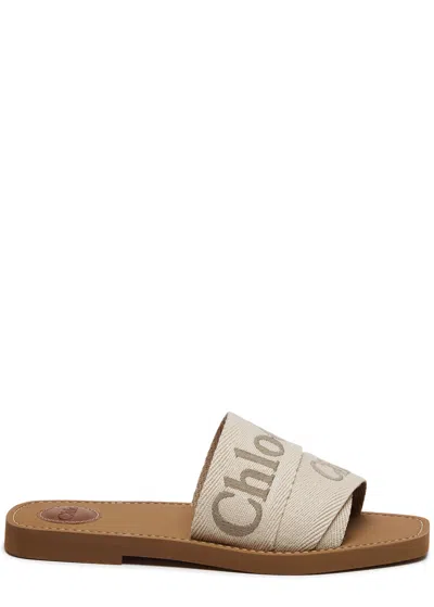 Chloé Chloe Woody Logo Canvas Sliders In Beige