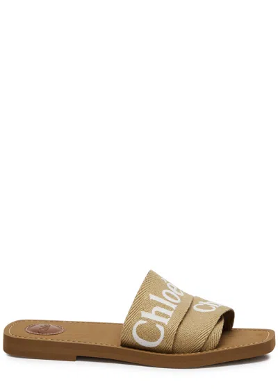 Chloé Chloe Woody Logo Canvas Sliders In Tan