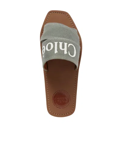 Chloé Woody Logo Denim Slippers In Brown