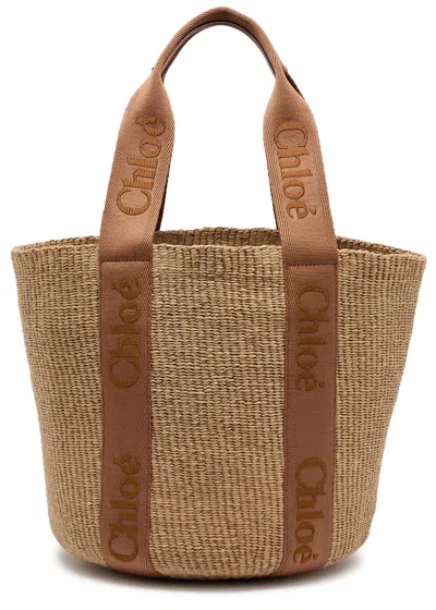 Chloé Chloe Woody Logo-embroidered Raffia Basket Bag In Brown