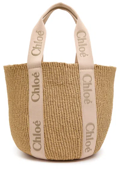 Chloé Chloe Woody Logo-embroidered Raffia Basket Bag In Neutral