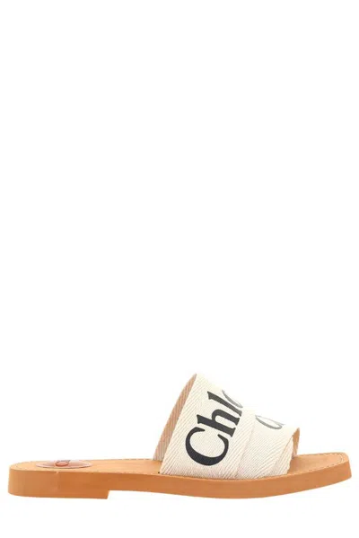 Chloé Woody Logo Embroidered Sandals In White