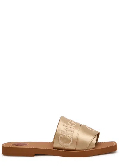 CHLOÉ CHLOE WOODY LOGO-EMBROIDERED SATIN SLIDERS