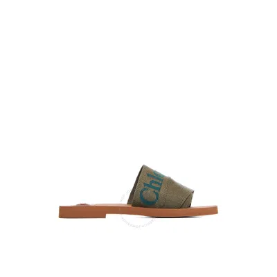 CHLOÉ CHLOE WOODY LOGO FLAT MULES IN SWEET KHAKI