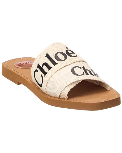 Chloé Woody Flat Logo Ribbon Slide Sandals In White