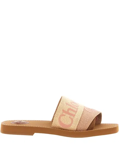 Chloé Women Brown Sandals With Square Toe And Logo Lettering On The Front In Linen Blend Woman In Multi