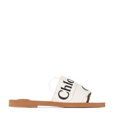 Chloé Woody Flat Logo Ribbon Slide Sandals In White