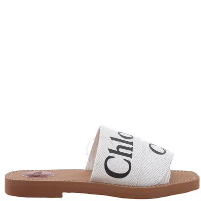 Chloé Woody Flat Logo Ribbon Slide Sandals In White