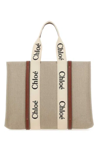 Chloé Woody Logo Tape Large Tote Bag In Beige