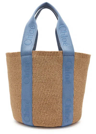 Chloé Chloe Woody Logo-embroidered Raffia Basket Bag In Blue