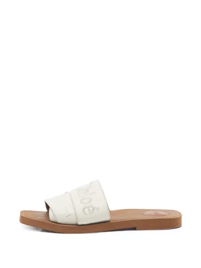 Pre-owned Chloé Woody Logo-embroidered Slides In White